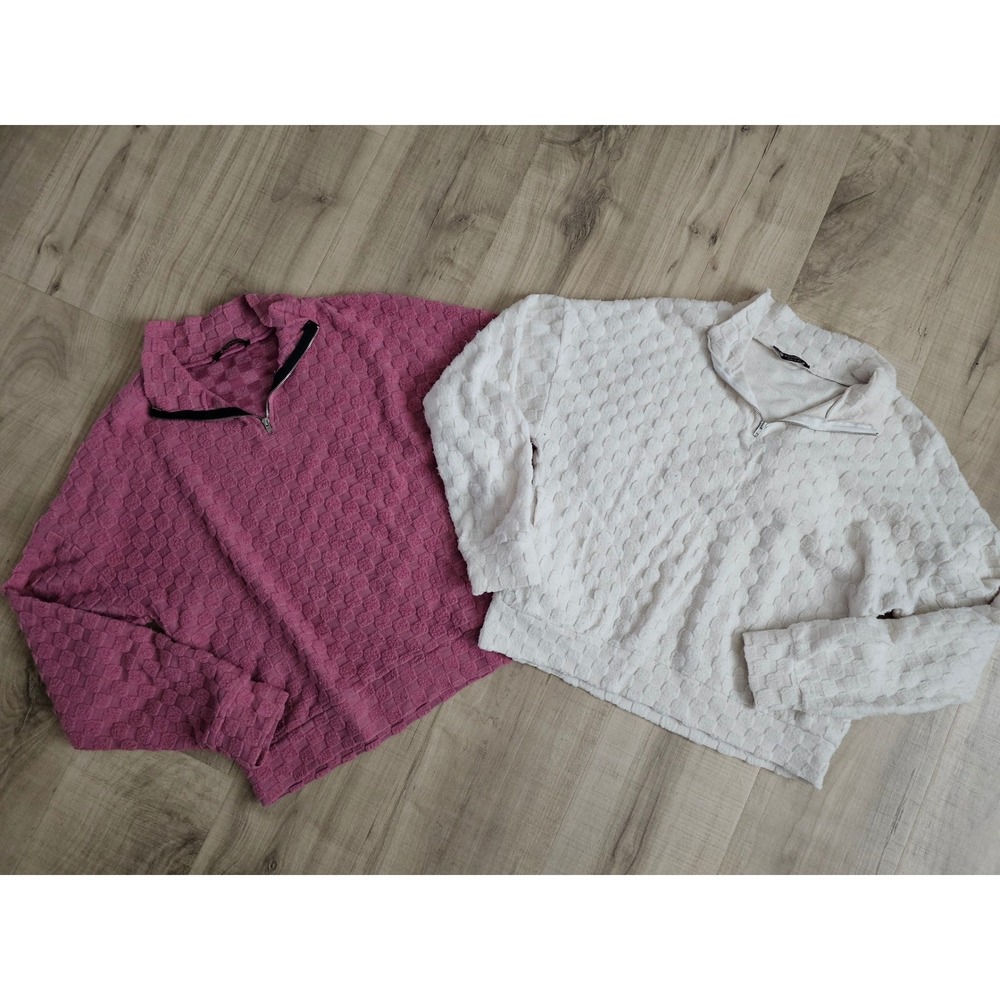Lot of 2 BomBom Textured Quarter Zip Pullover Sweaters Pink White Small